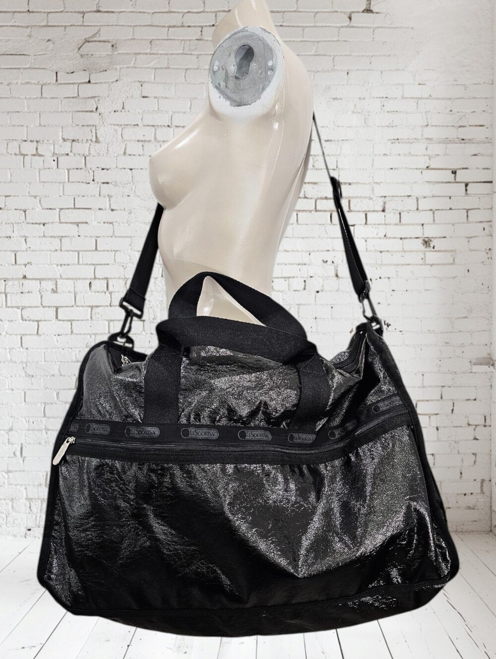LeSPORTSAC Shiny Coated Nylon Black Large Weekender Duffle Travel Bag 20"W